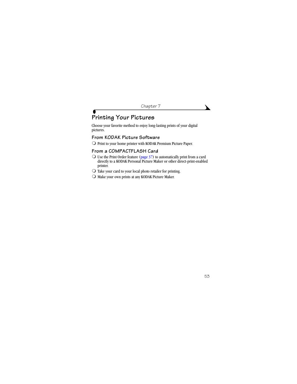 Printing your pictures, From kodak picture software, From a compactflash card | Kodak DX4900 User Manual | Page 63 / 106