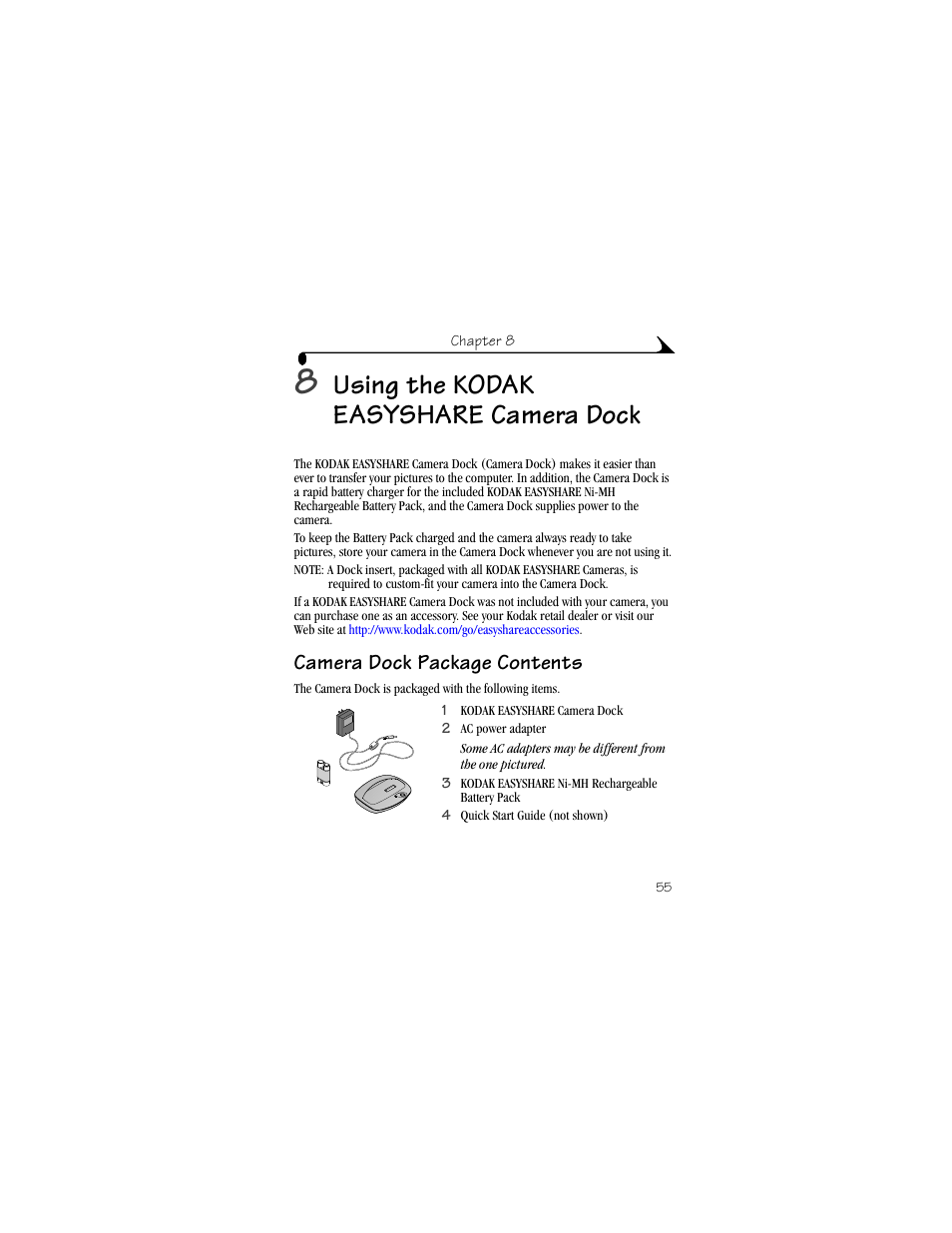 8 using the kodak easyshare camera dock, Camera dock package contents, N, see | Chapter 8, using the, Kodak easyshare camera dock, Using the kodak easyshare camera dock | Kodak DX4900 User Manual | Page 65 / 106