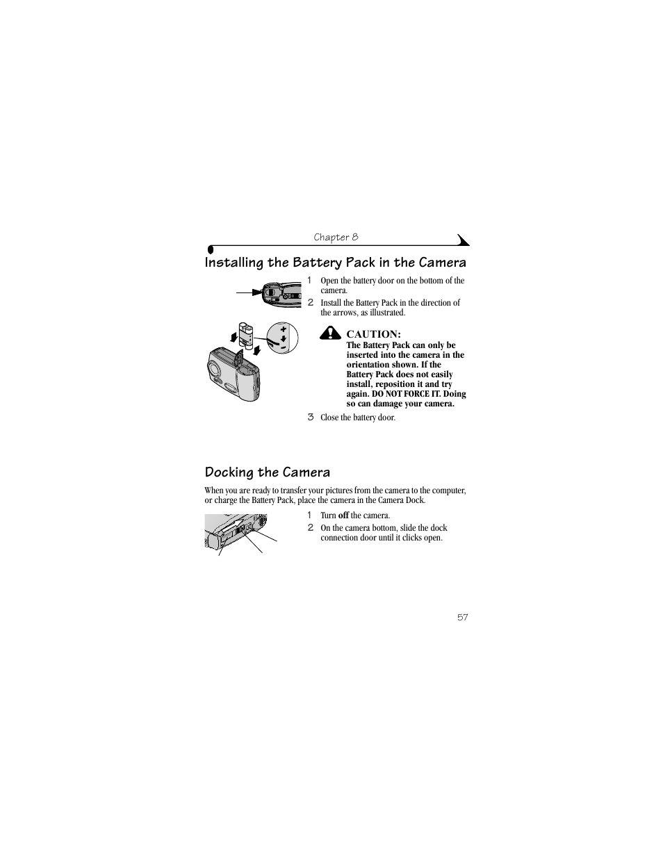 Installing the battery pack in the camera, Docking the camera | Kodak DX4900 User Manual | Page 67 / 106