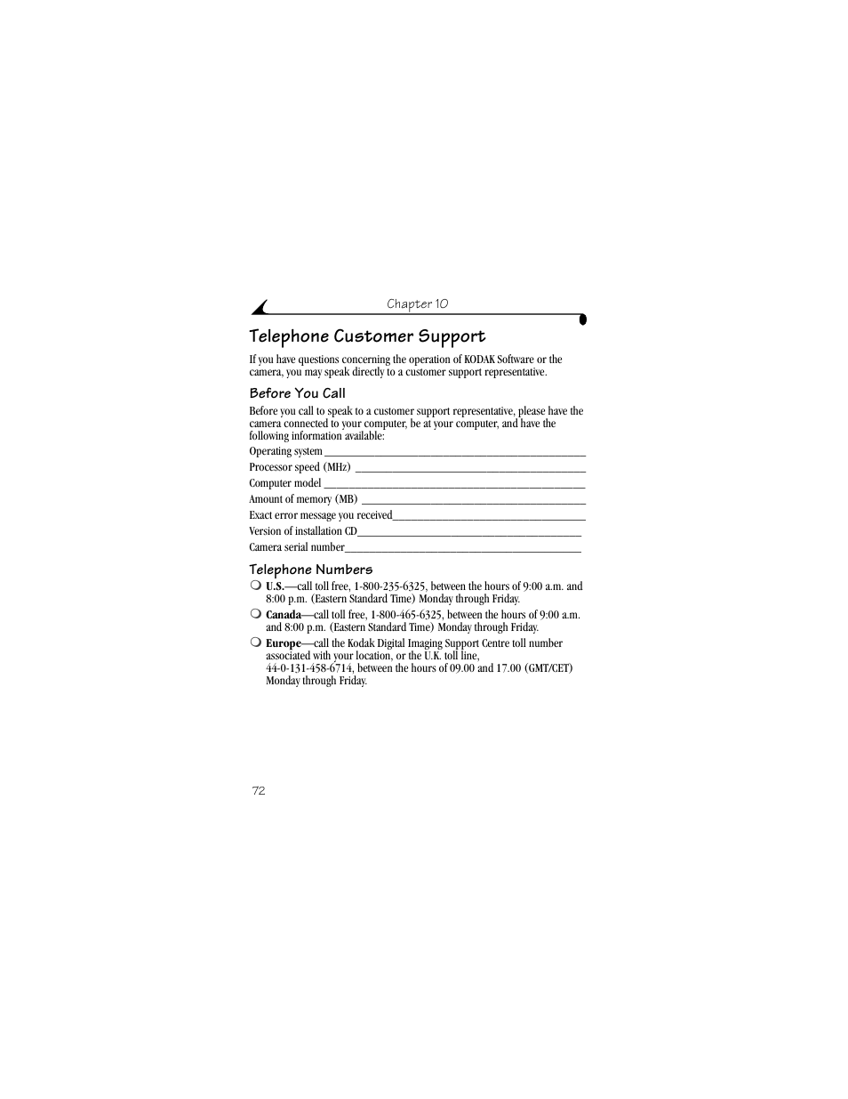 Telephone customer support, Before you call, Telephone numbers | Service | Kodak DX4900 User Manual | Page 82 / 106