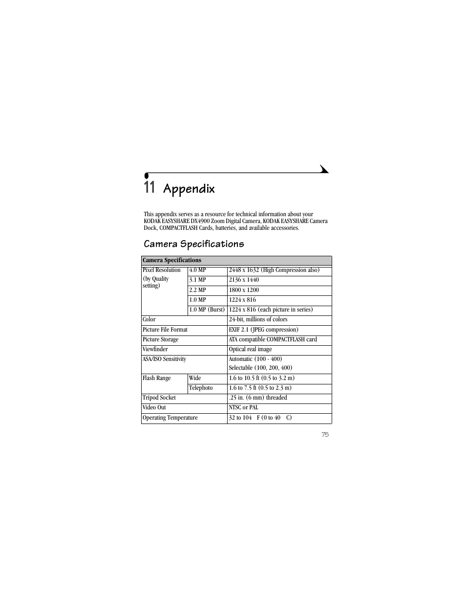 11 appendix, Camera specifications, Appendix | Kodak DX4900 User Manual | Page 85 / 106