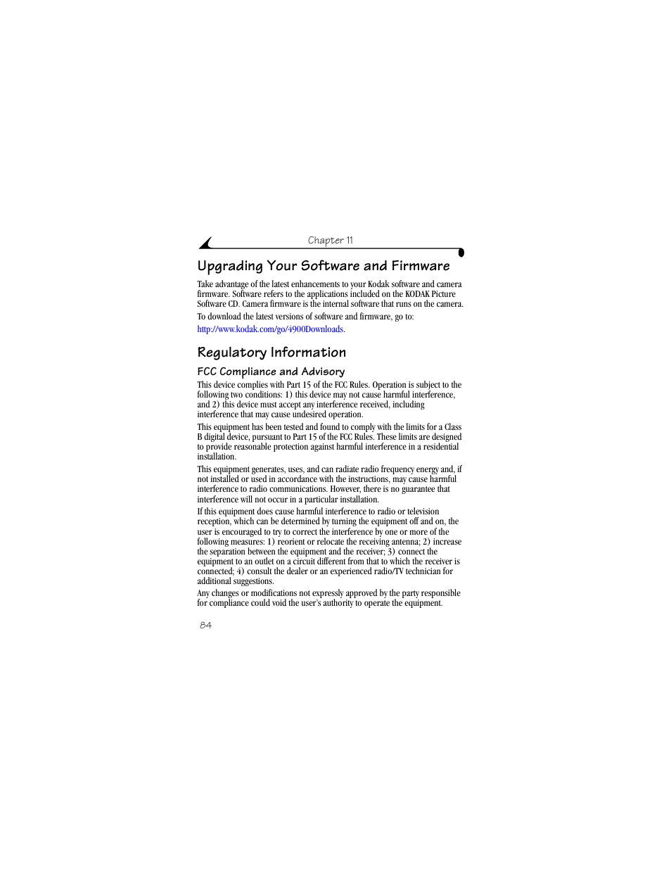 Upgrading your software and firmware, Regulatory information, Fcc compliance and advisory | Kodak DX4900 User Manual | Page 94 / 106