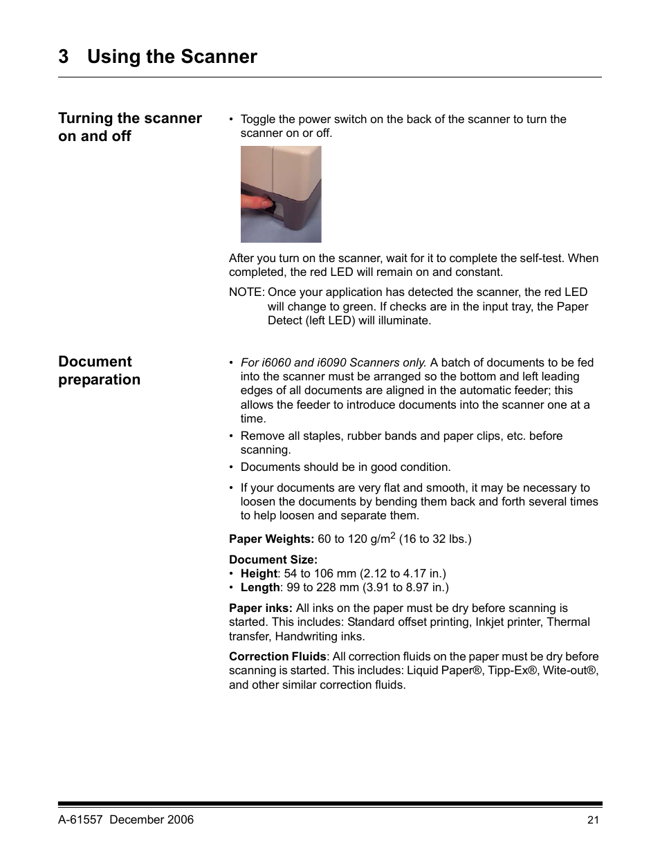 3 using the scanner, Turning the scanner on and off, Document preparation | Kodak A-61557 User Manual | Page 23 / 38