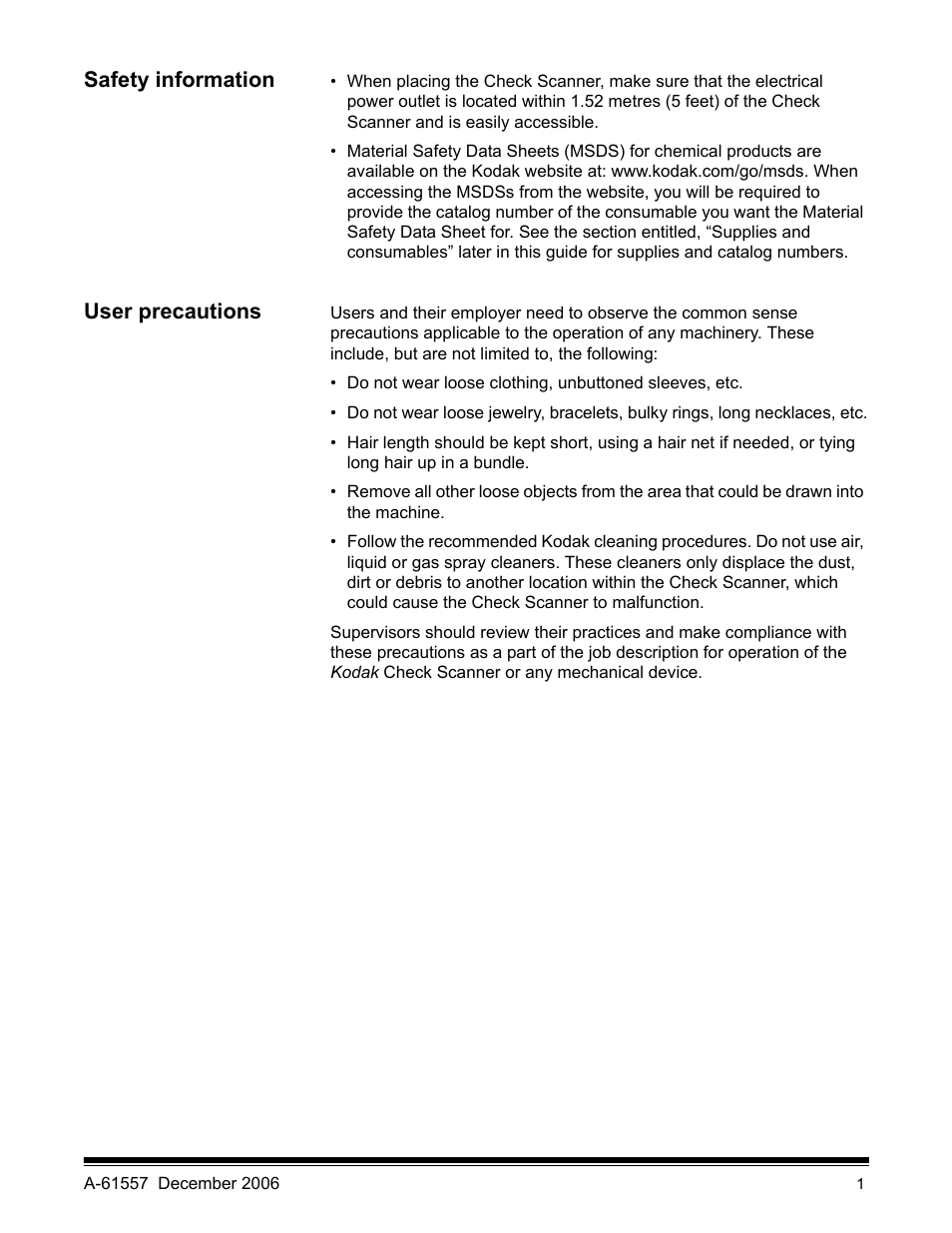 Safety information, User precautions | Kodak A-61557 User Manual | Page 3 / 38