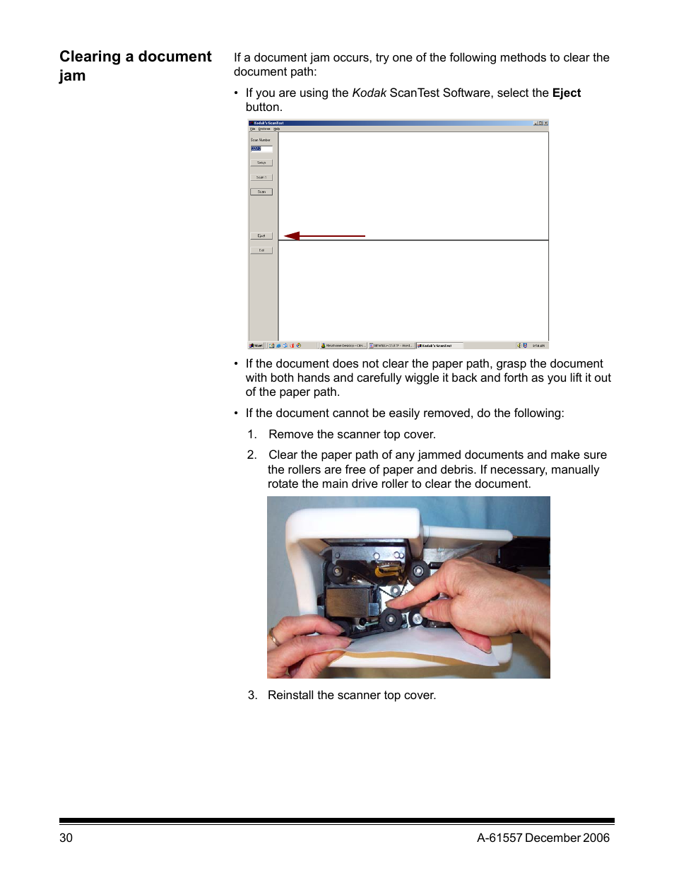 Clearing a document jam | Kodak A-61557 User Manual | Page 32 / 38