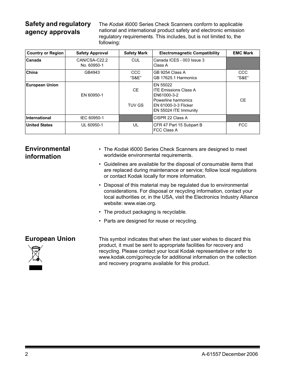 Safety and regulatory agency approvals, Environmental information, European union | Kodak A-61557 User Manual | Page 4 / 38