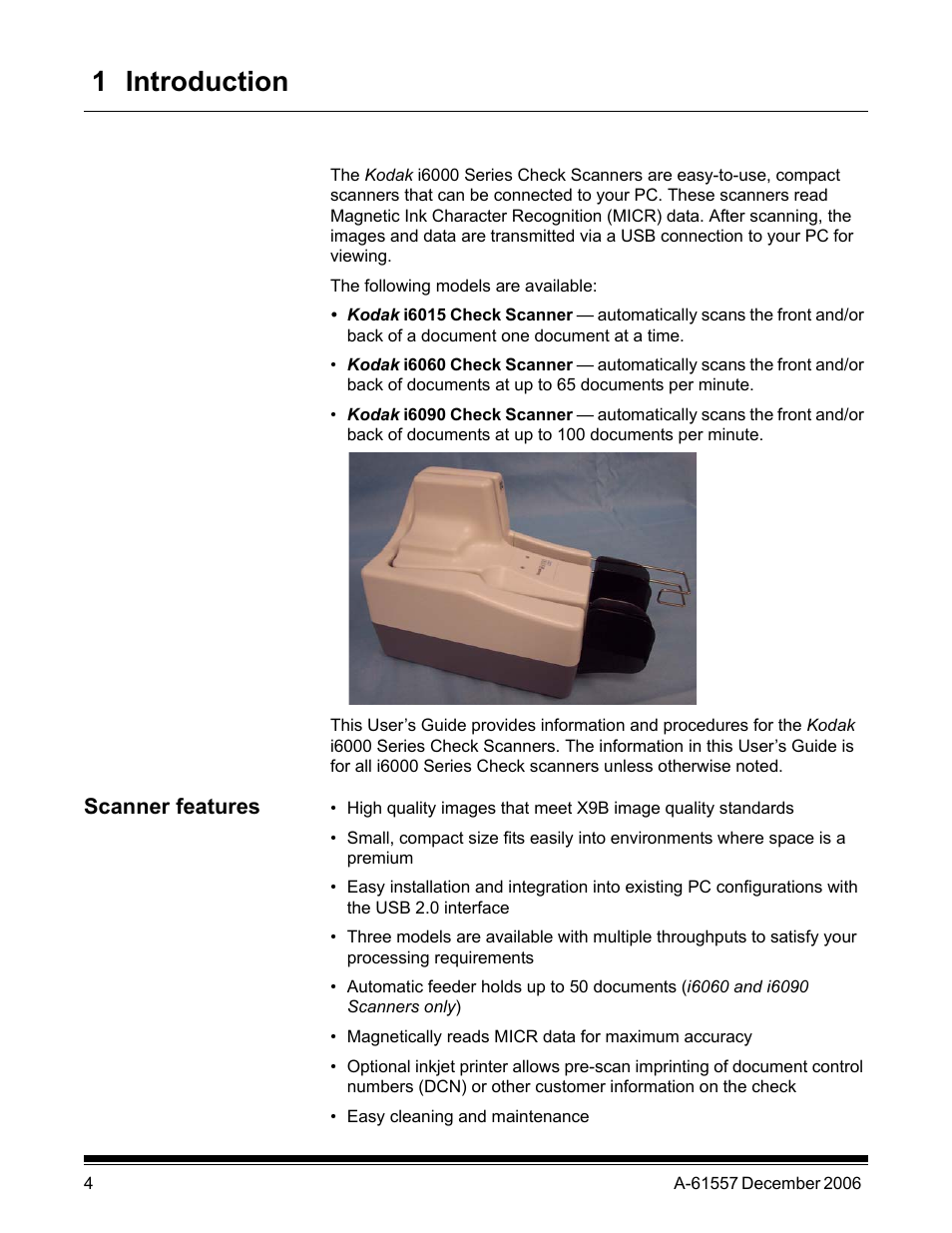 1 introduction, Scanner features | Kodak A-61557 User Manual | Page 6 / 38