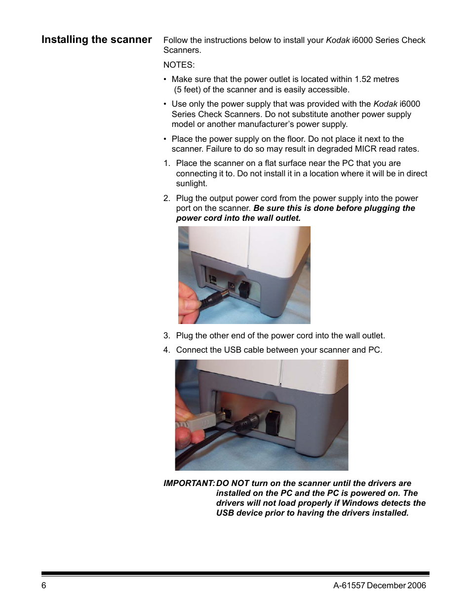 Installing the scanner | Kodak A-61557 User Manual | Page 8 / 38