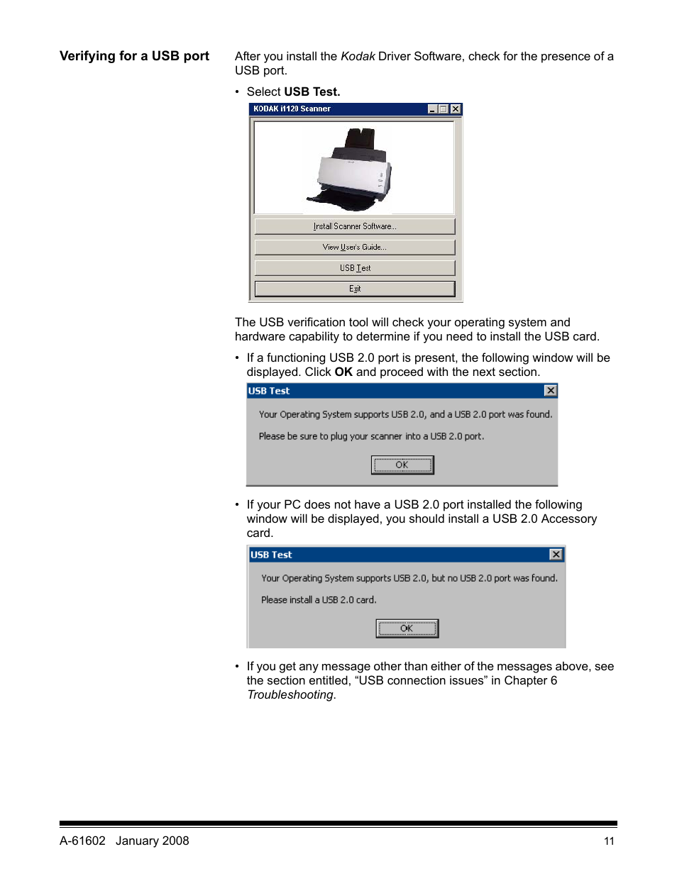 Verifying for a usb port | Kodak A-61602 User Manual | Page 14 / 96