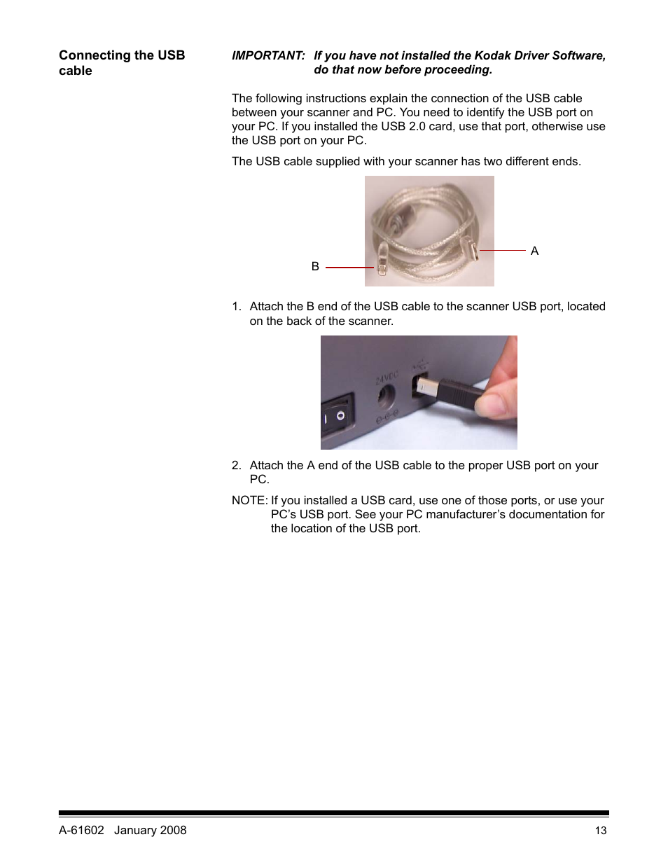 Connecting the usb cable | Kodak A-61602 User Manual | Page 16 / 96