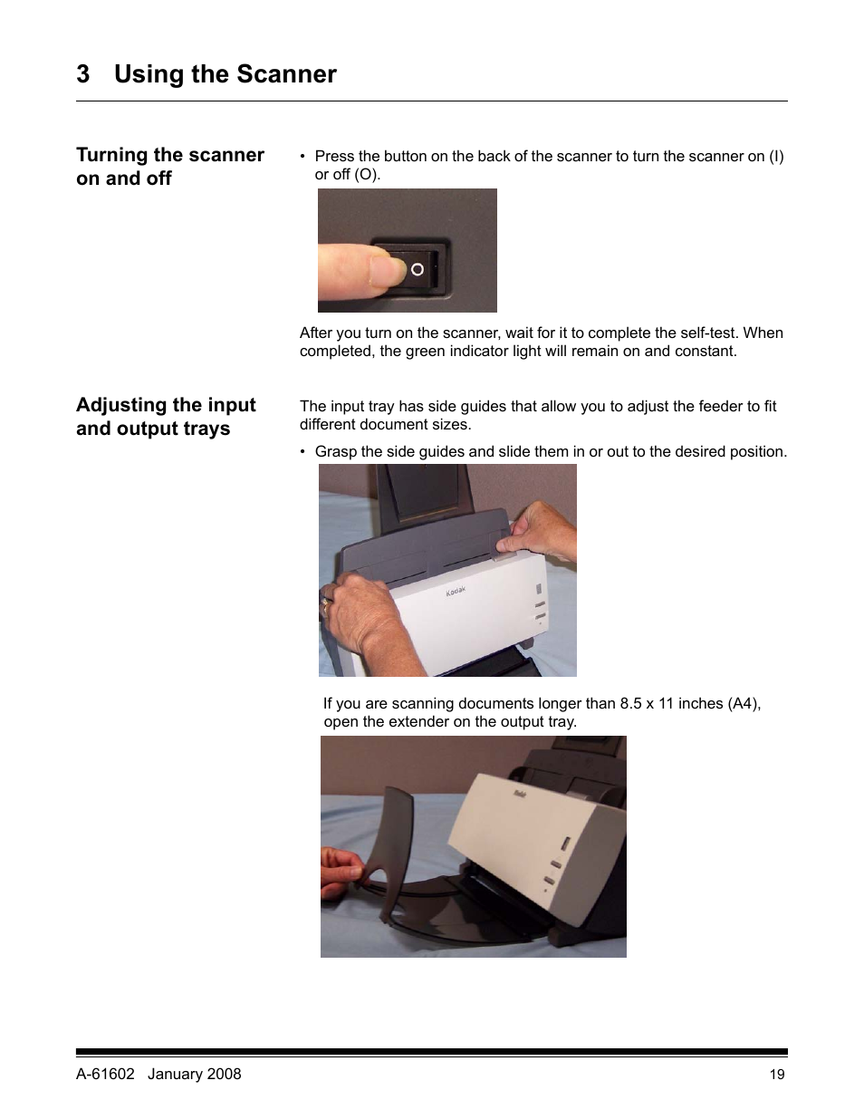 3 using the scanner, Turning the scanner on and offi, Adjusting the input and output trays | Kodak A-61602 User Manual | Page 22 / 96