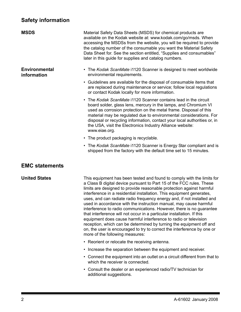 Safety information, Msds, Environmental information | Emc statements, United states | Kodak A-61602 User Manual | Page 5 / 96