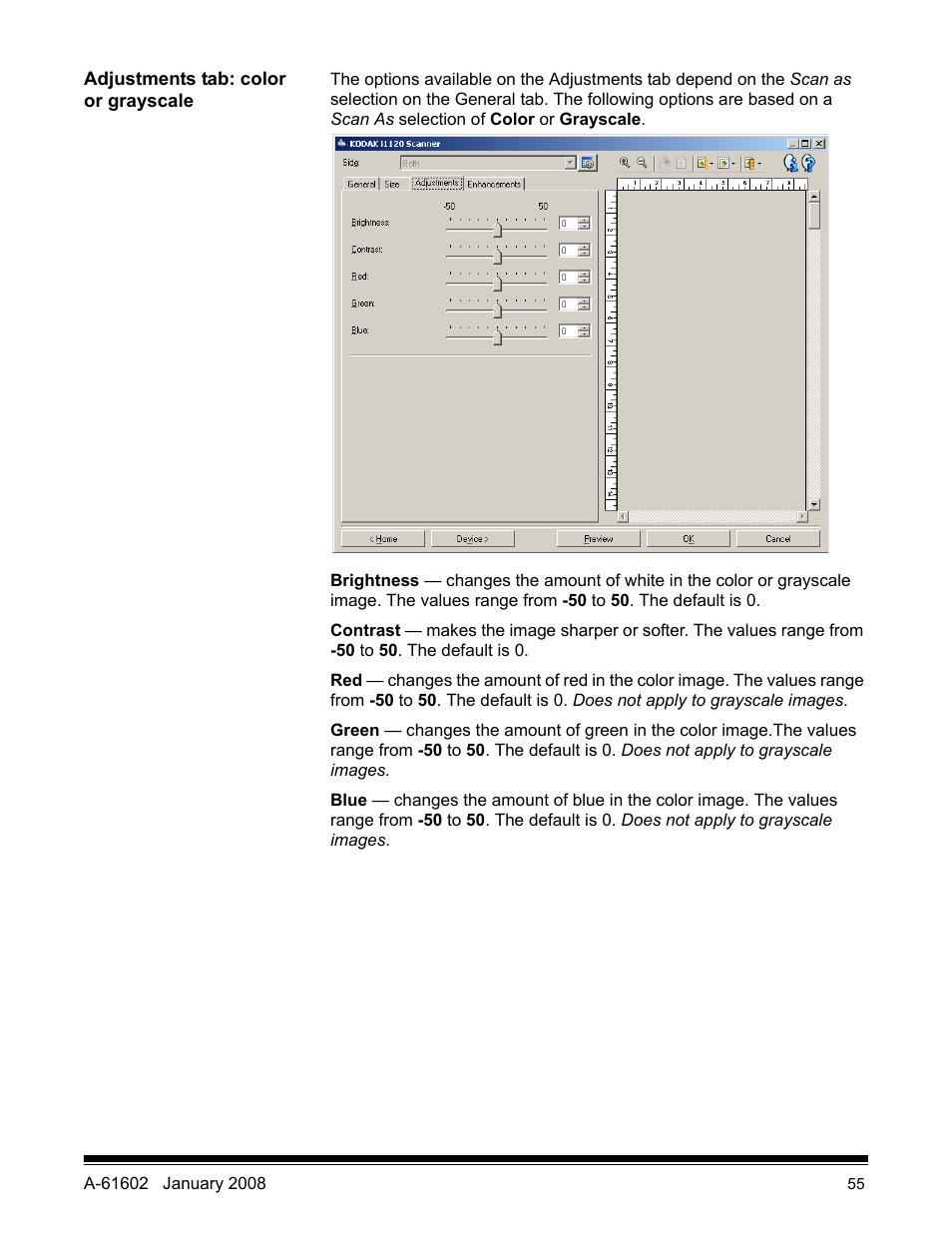 Adjustments tab: color or grayscale | Kodak A-61602 User Manual | Page 58 / 96