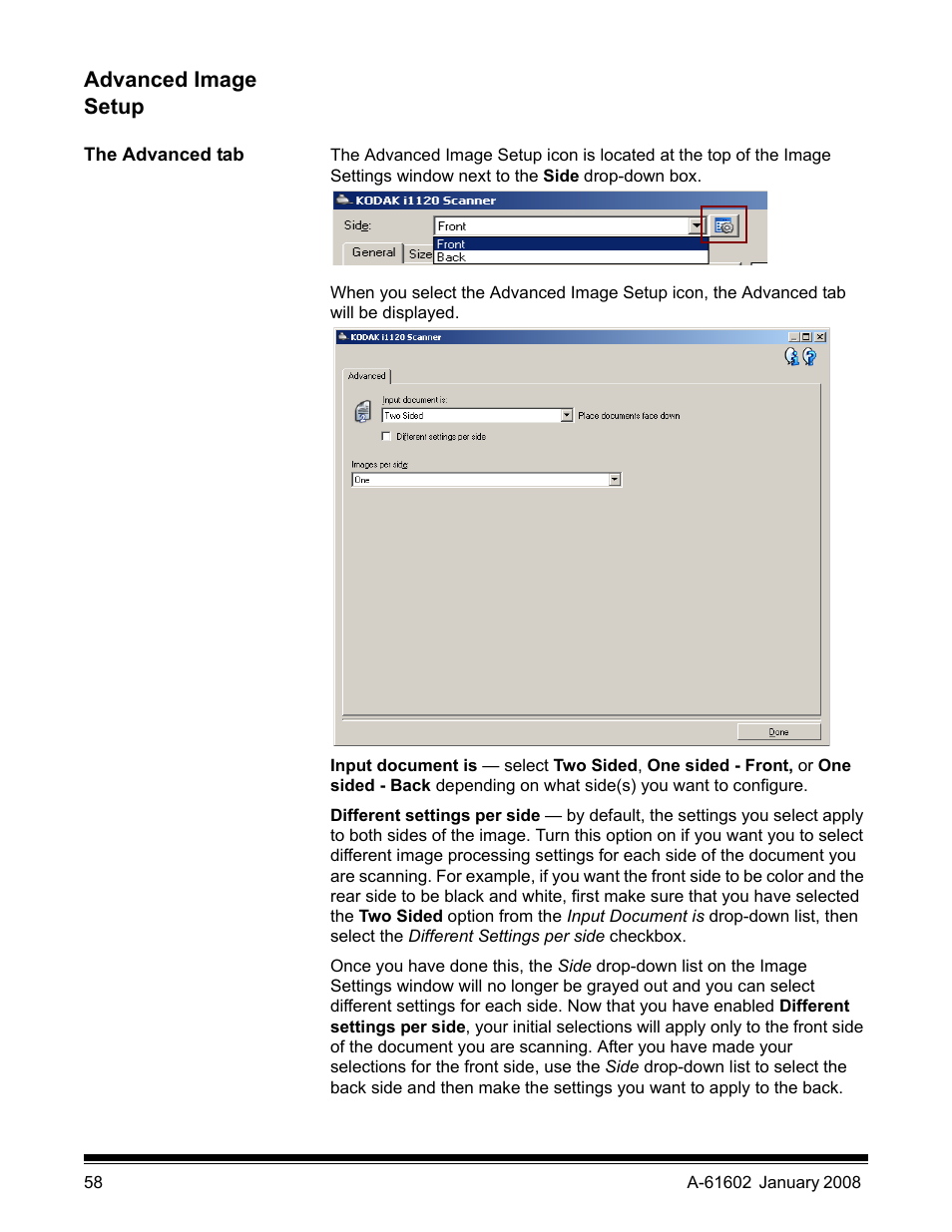 Advanced image setup, The advanced tab | Kodak A-61602 User Manual | Page 61 / 96