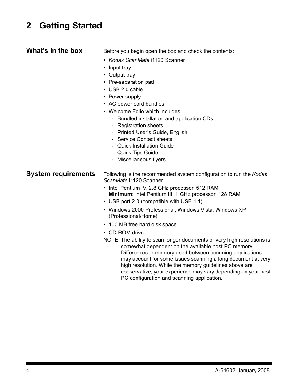 2 getting started, What’s in the box, System requirements | Kodak A-61602 User Manual | Page 7 / 96