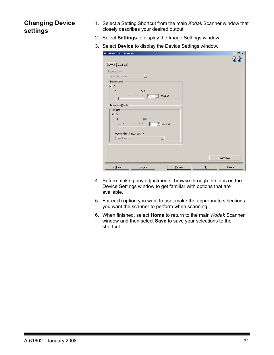 Changing device settings | Kodak A-61602 User Manual | Page 74 / 96