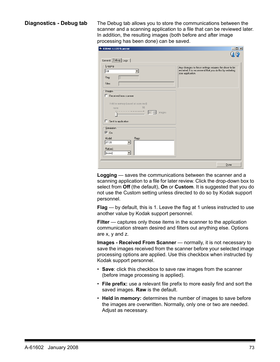 Diagnostics - debug tab | Kodak A-61602 User Manual | Page 76 / 96