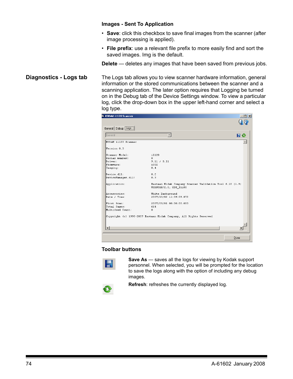 Diagnostics - logs tab | Kodak A-61602 User Manual | Page 77 / 96