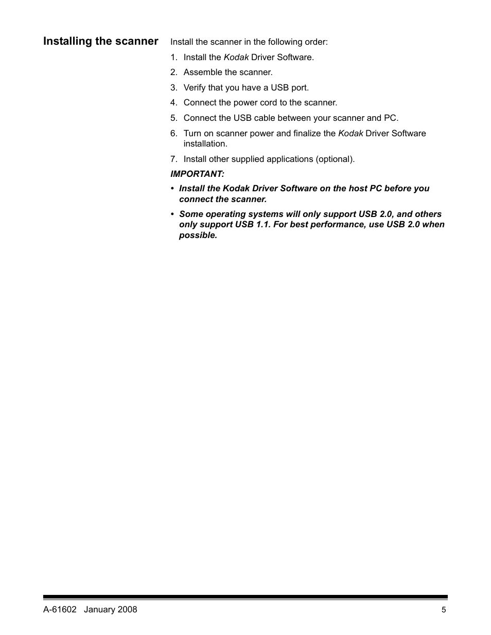 Installing the scanner | Kodak A-61602 User Manual | Page 8 / 96