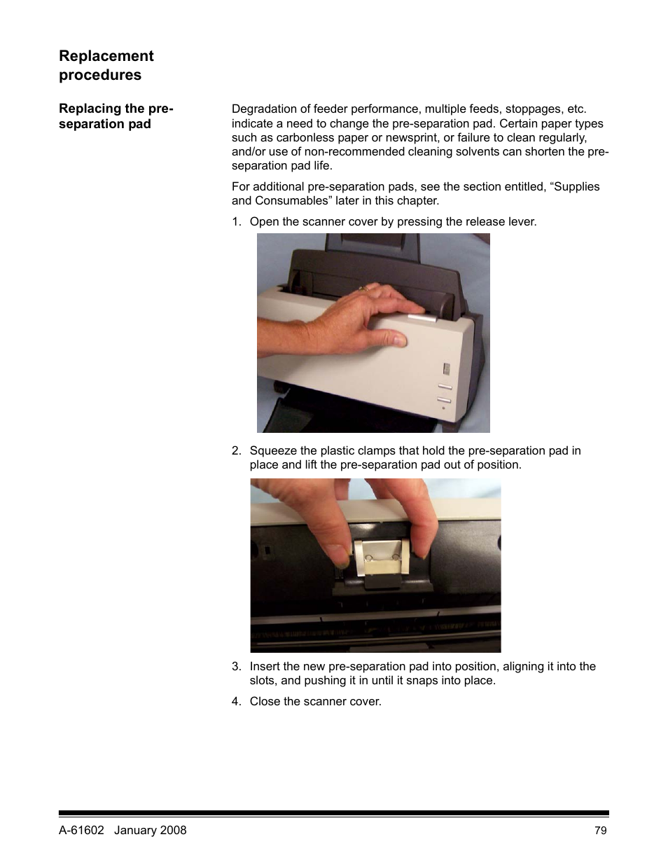 Replacement procedures, Replacing the pre-separation pad | Kodak A-61602 User Manual | Page 82 / 96