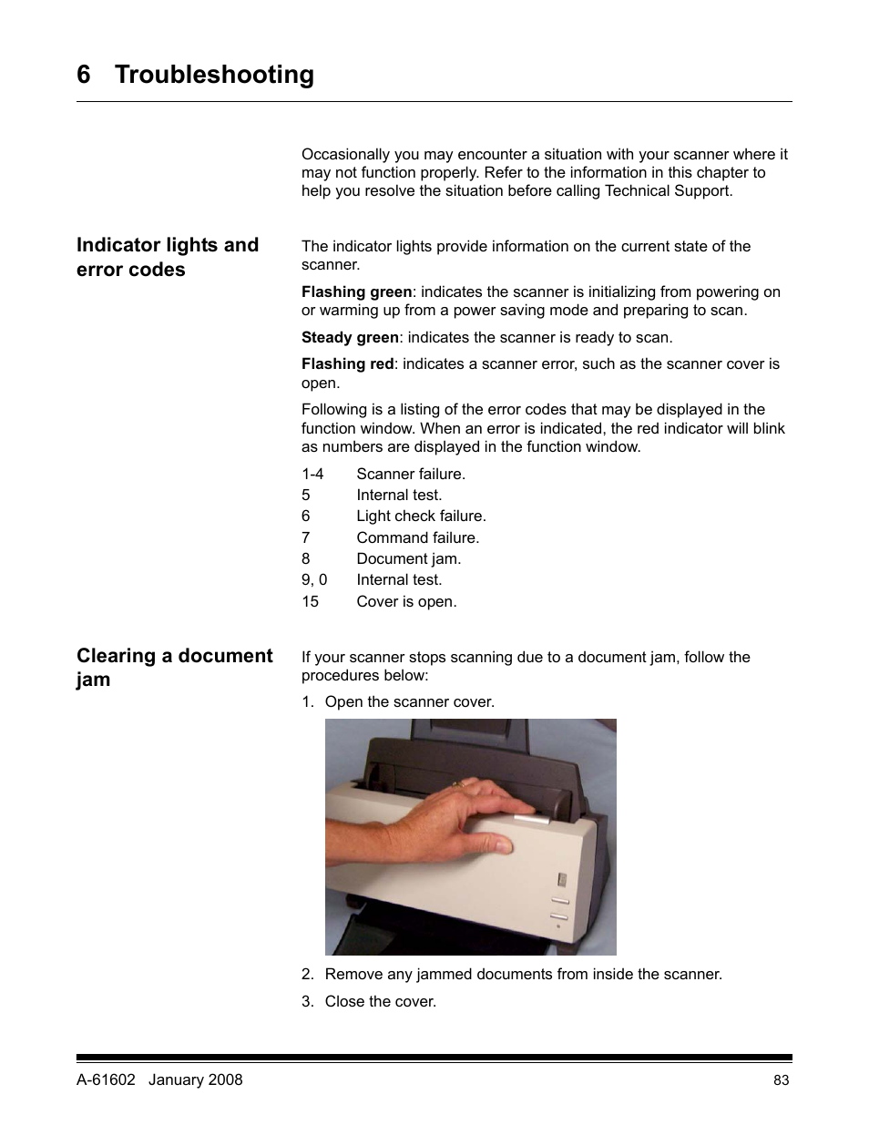 6 troubleshooting, Indicator lights and error codes, Clearing a document jam | Kodak A-61602 User Manual | Page 86 / 96