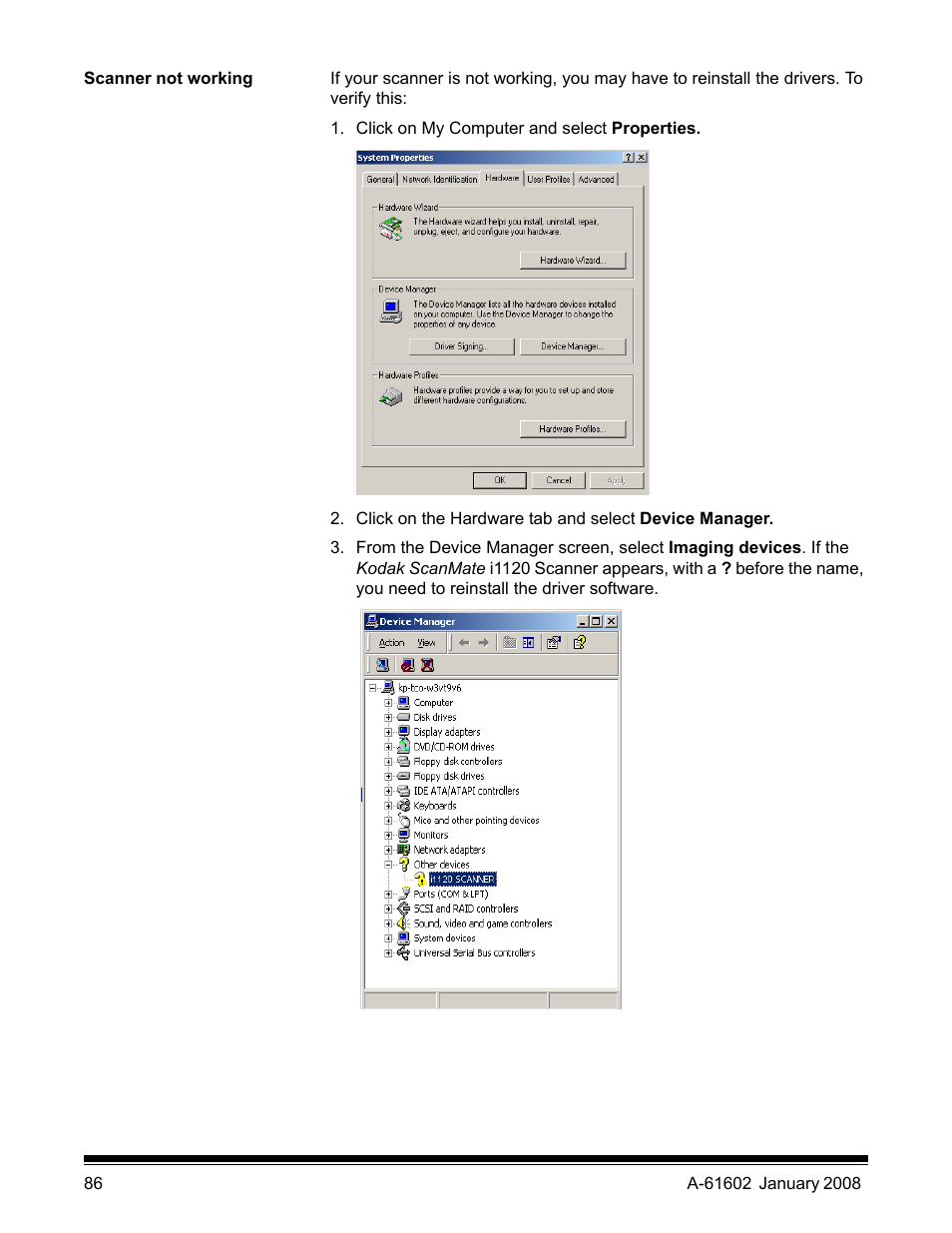 Scanner not working | Kodak A-61602 User Manual | Page 89 / 96