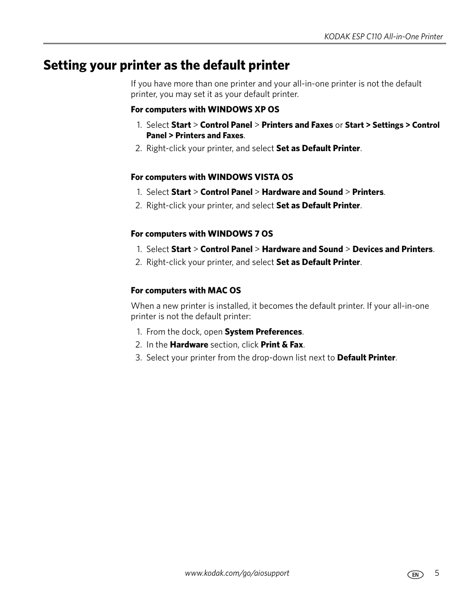 Setting your printer as the default printer | Kodak ESP C110 User Manual | Page 11 / 76