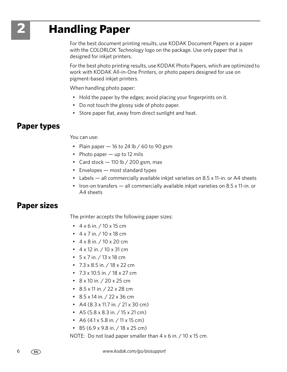 Handling paper, Paper types, Paper sizes | 2 handling paper, Paper types paper sizes | Kodak ESP C110 User Manual | Page 12 / 76