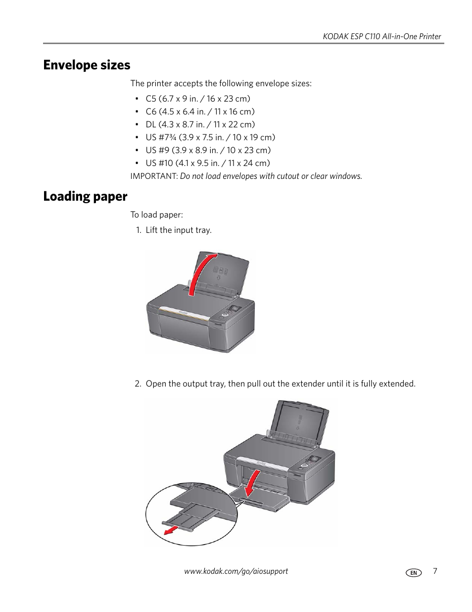 Envelope sizes, Loading paper, Envelope sizes loading paper | Kodak ESP C110 User Manual | Page 13 / 76