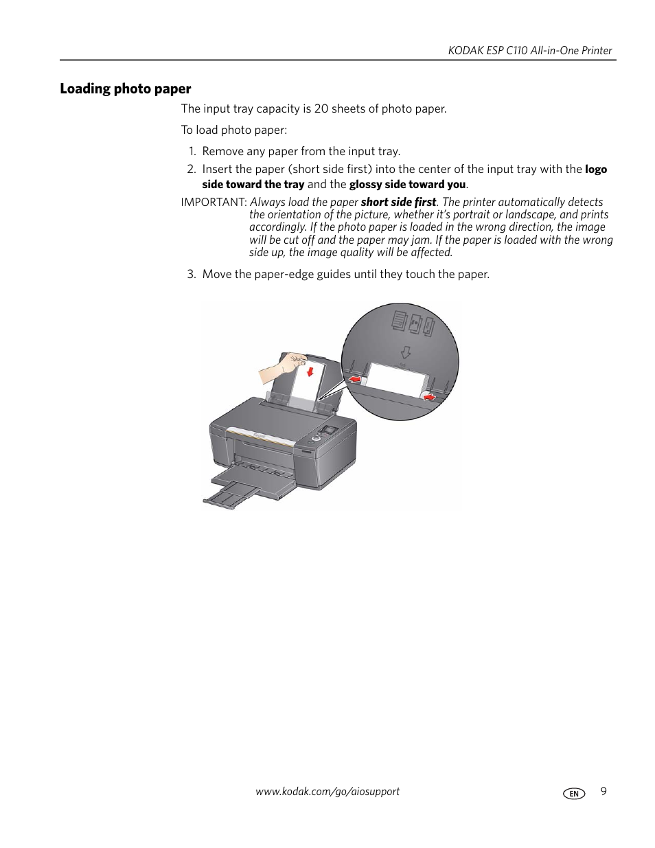 Loading photo paper | Kodak ESP C110 User Manual | Page 15 / 76