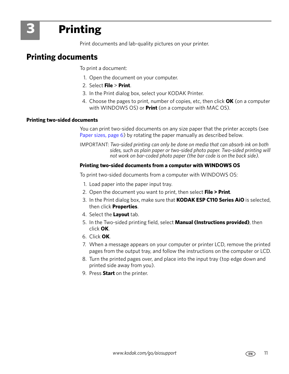 Printing, Printing documents, Printing two-sided documents | 3 printing | Kodak ESP C110 User Manual | Page 17 / 76