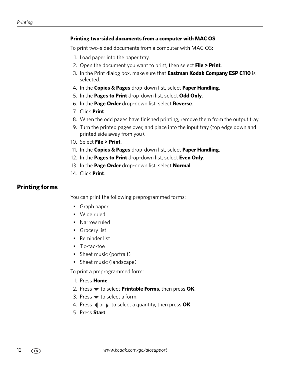 Printing forms | Kodak ESP C110 User Manual | Page 18 / 76