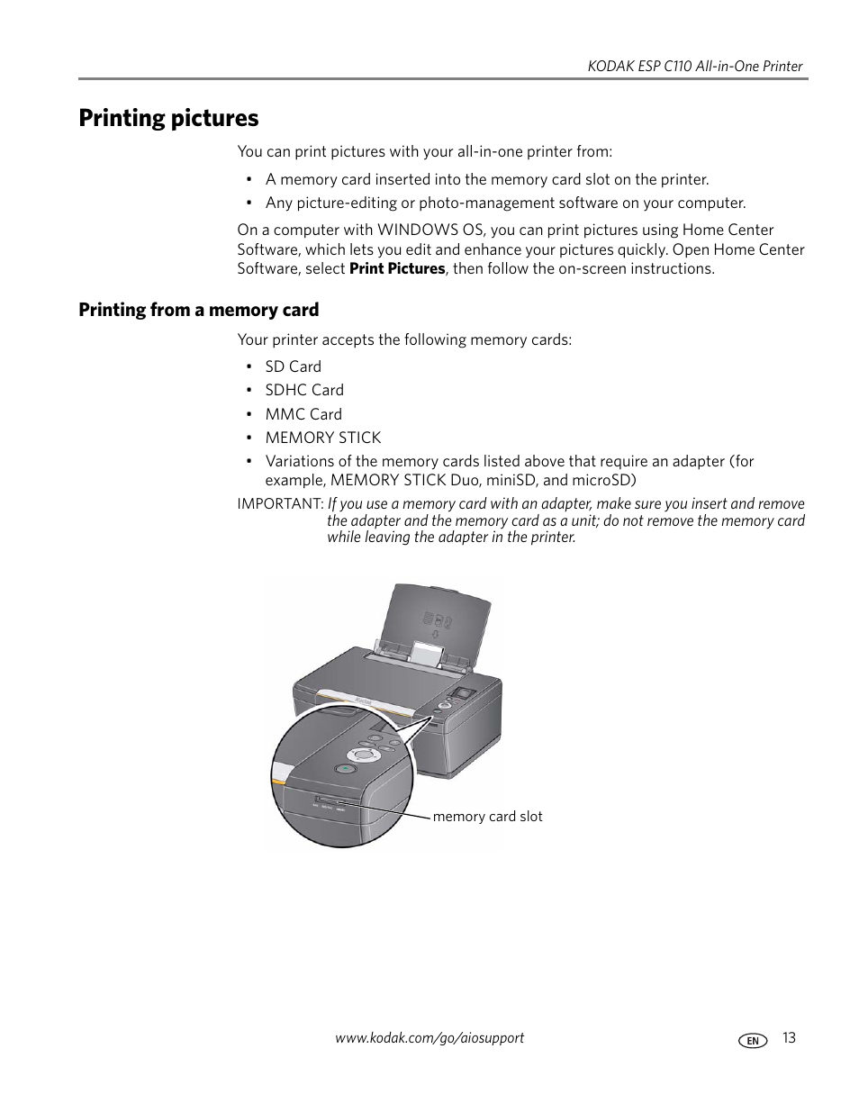 Printing pictures, Printing from a memory card | Kodak ESP C110 User Manual | Page 19 / 76