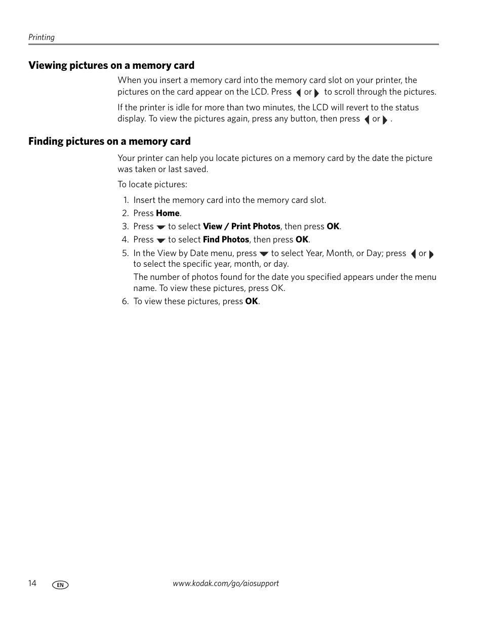 Viewing pictures on a memory card, Finding pictures on a memory card | Kodak ESP C110 User Manual | Page 20 / 76