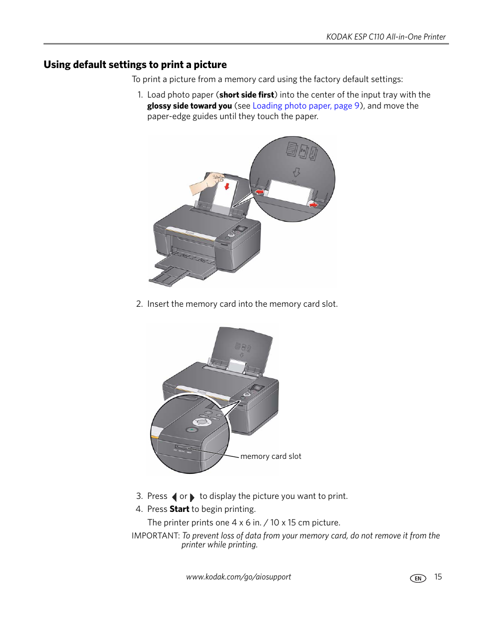 Using default settings to print a picture | Kodak ESP C110 User Manual | Page 21 / 76