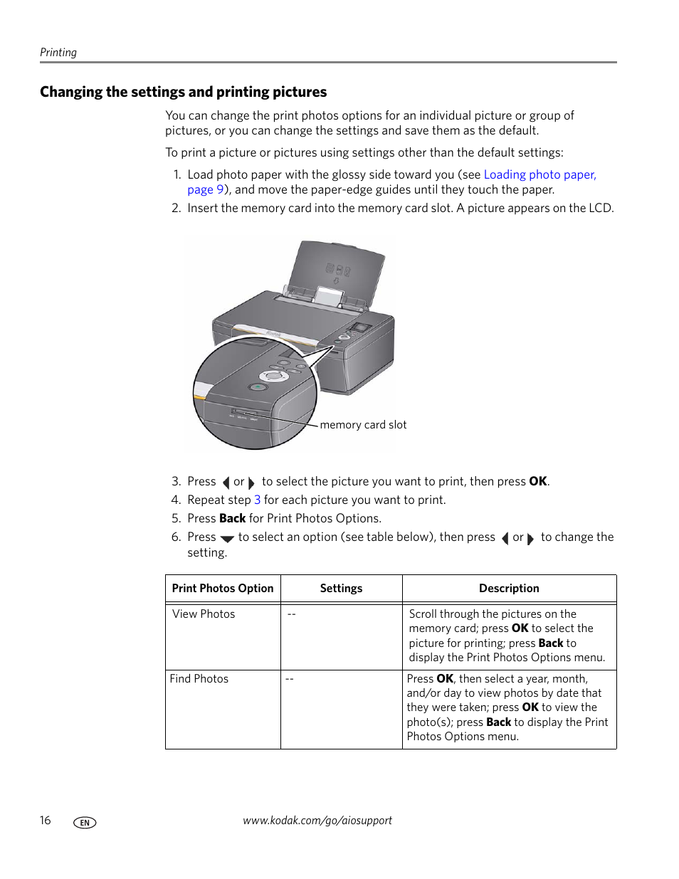 Changing the settings and printing pictures | Kodak ESP C110 User Manual | Page 22 / 76