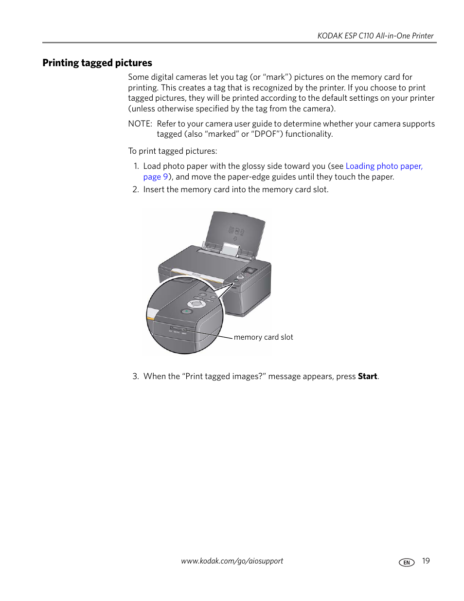 Printing tagged pictures | Kodak ESP C110 User Manual | Page 25 / 76