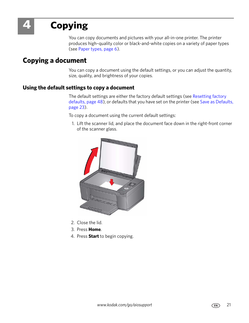 Copying, Copying a document, Using the default settings to copy a document | 4 copying | Kodak ESP C110 User Manual | Page 27 / 76