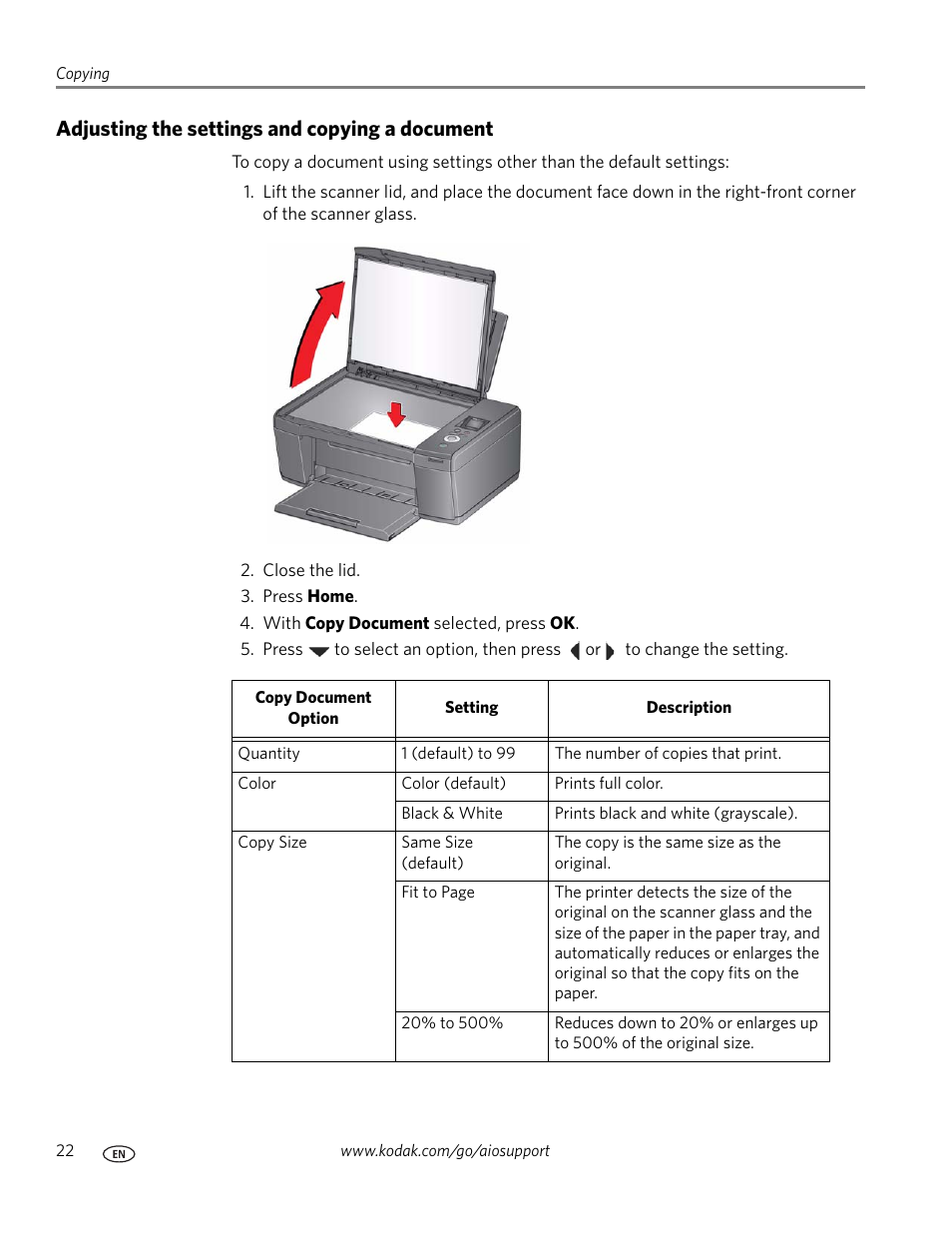 Adjusting the settings and copying a document | Kodak ESP C110 User Manual | Page 28 / 76