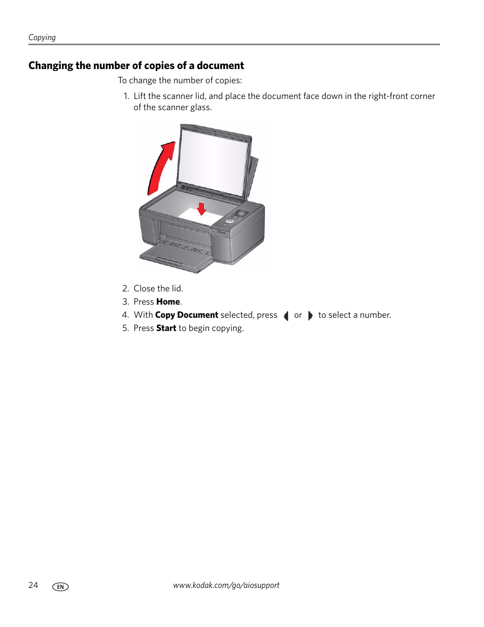 Changing the number of copies of a document | Kodak ESP C110 User Manual | Page 30 / 76