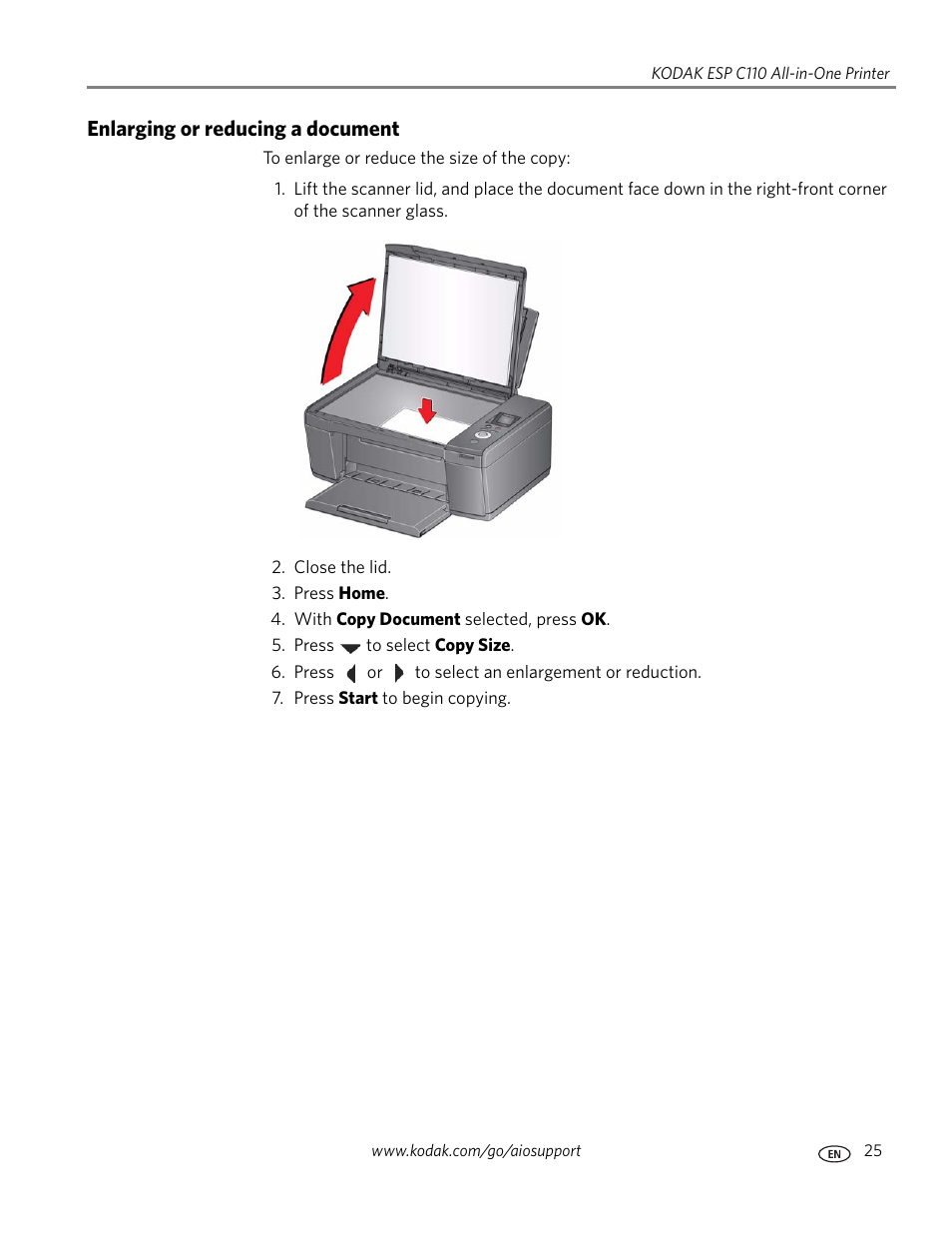 Enlarging or reducing a document | Kodak ESP C110 User Manual | Page 31 / 76