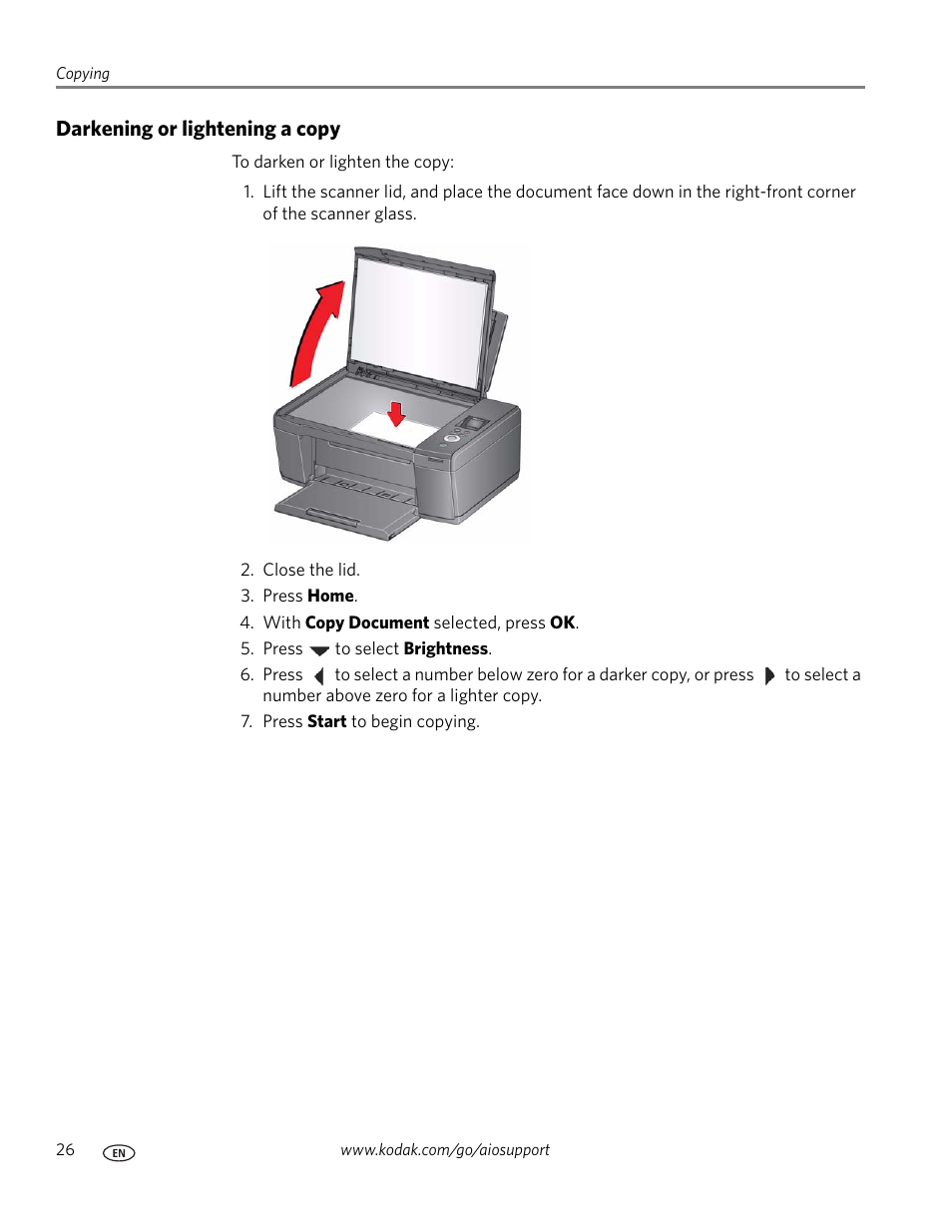 Darkening or lightening a copy | Kodak ESP C110 User Manual | Page 32 / 76