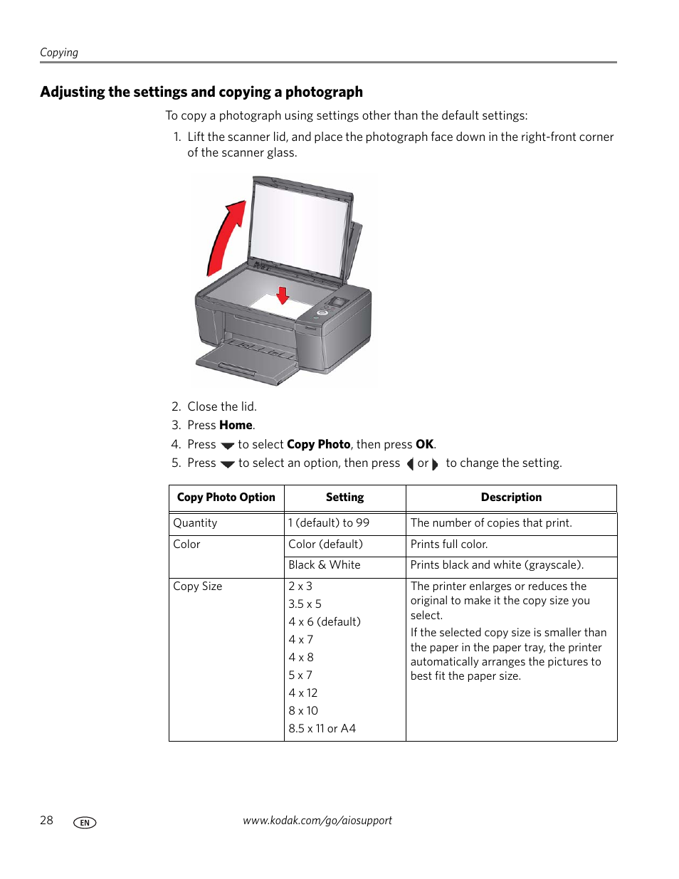 Adjusting the settings and copying a photograph | Kodak ESP C110 User Manual | Page 34 / 76