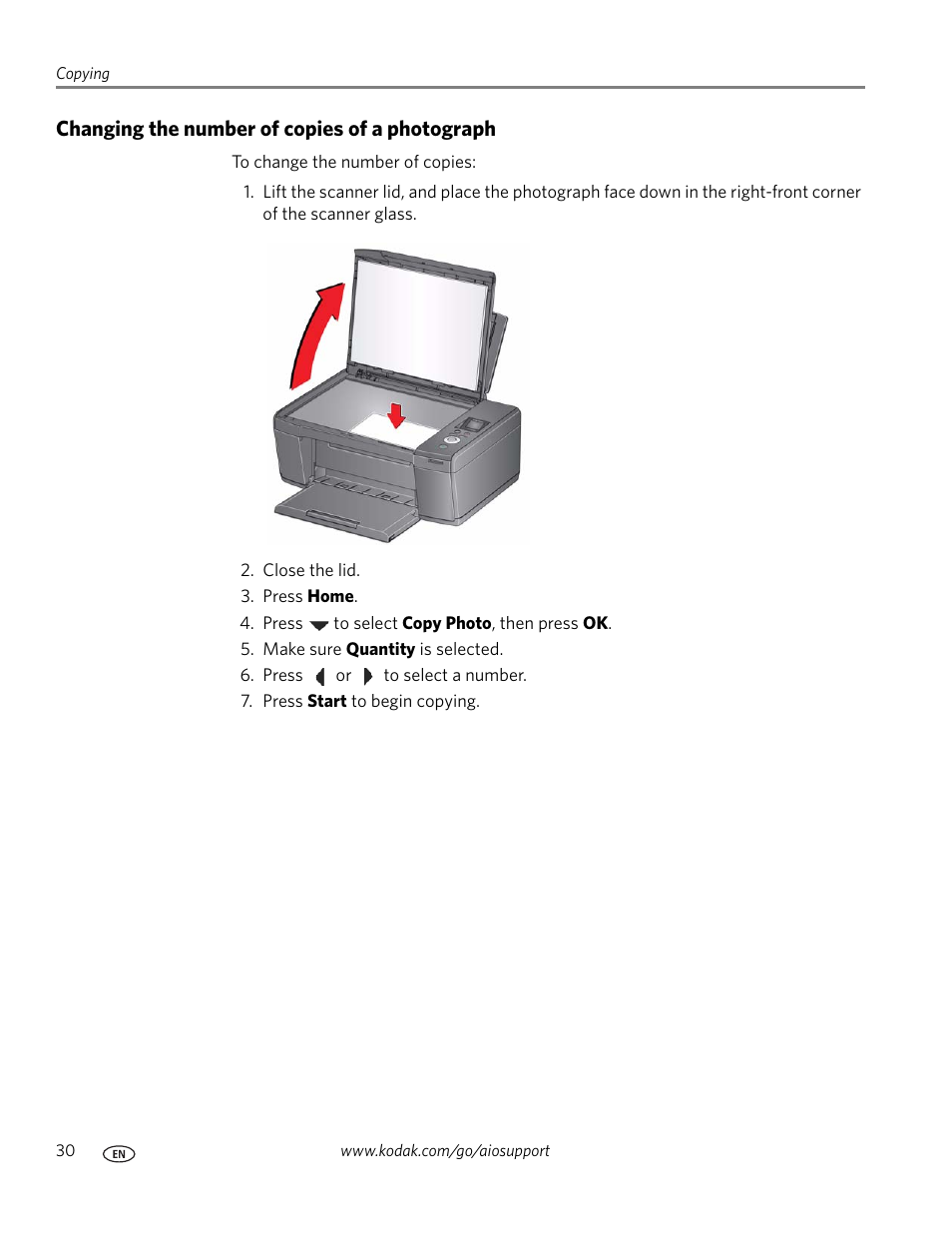 Changing the number of copies of a photograph | Kodak ESP C110 User Manual | Page 36 / 76