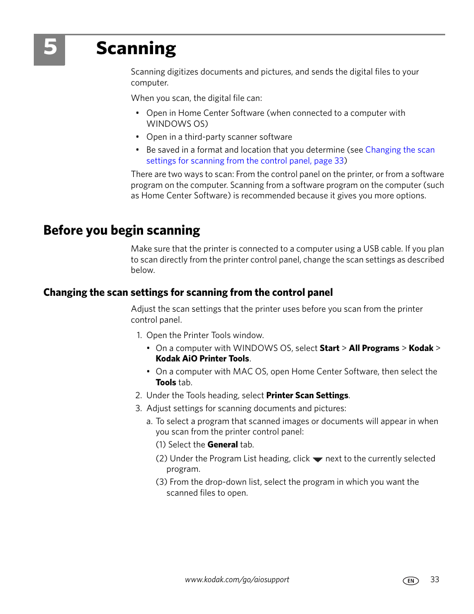 Scanning, Before you begin scanning, 5 scanning | Kodak ESP C110 User Manual | Page 39 / 76