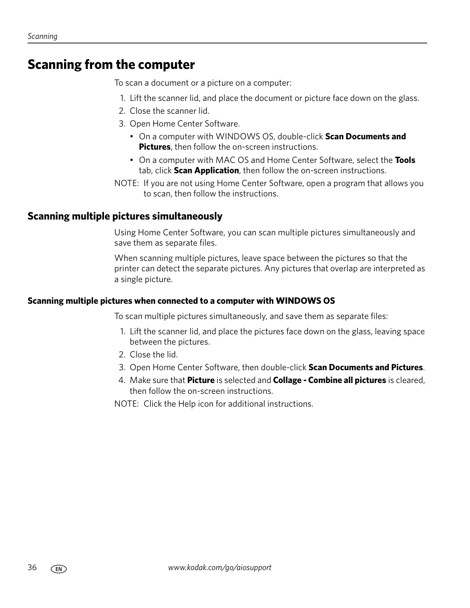 Scanning from the computer, Scanning multiple pictures simultaneously | Kodak ESP C110 User Manual | Page 42 / 76