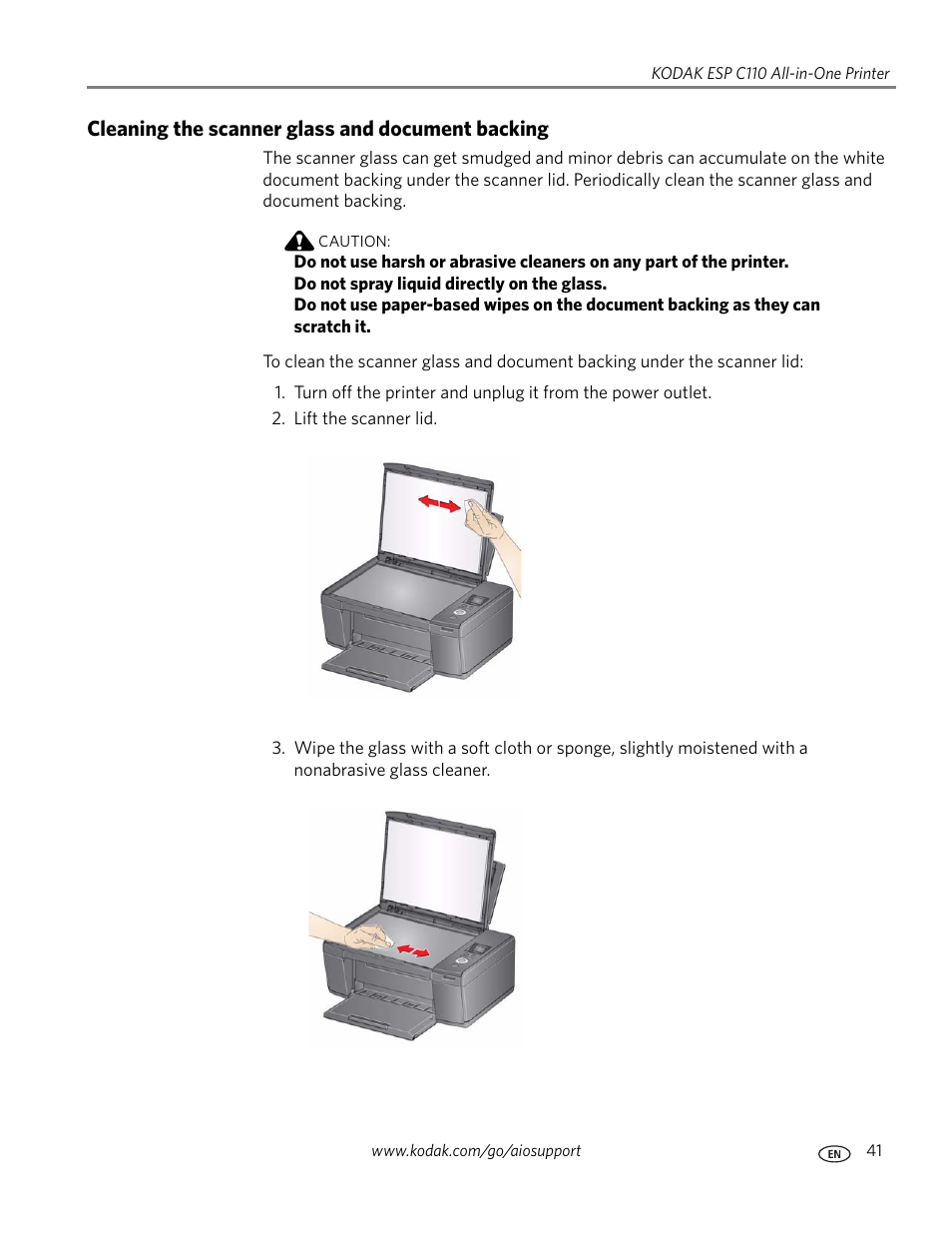 Cleaning the scanner glass and document backing | Kodak ESP C110 User Manual | Page 47 / 76