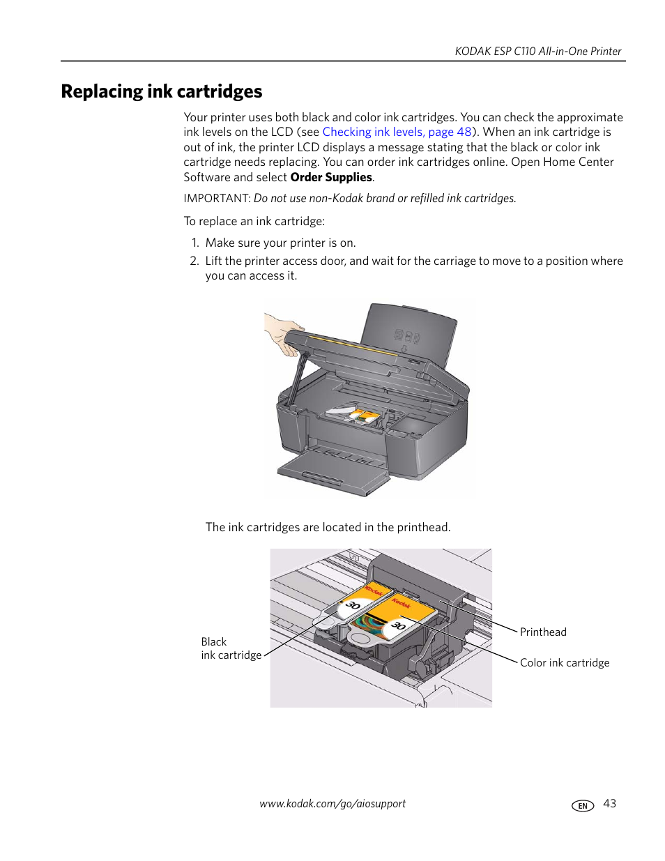 Replacing ink cartridges | Kodak ESP C110 User Manual | Page 49 / 76