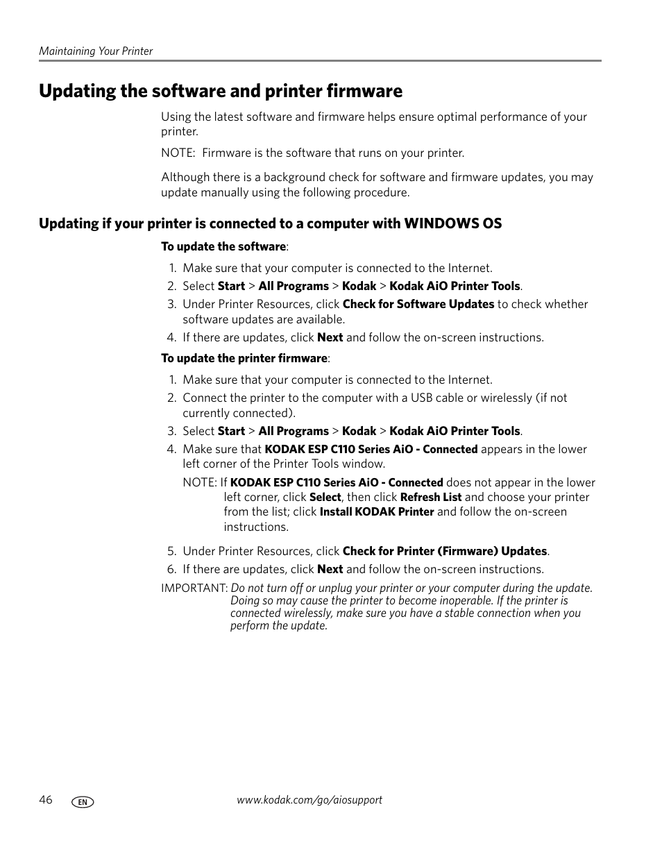 Updating the software and printer firmware | Kodak ESP C110 User Manual | Page 52 / 76