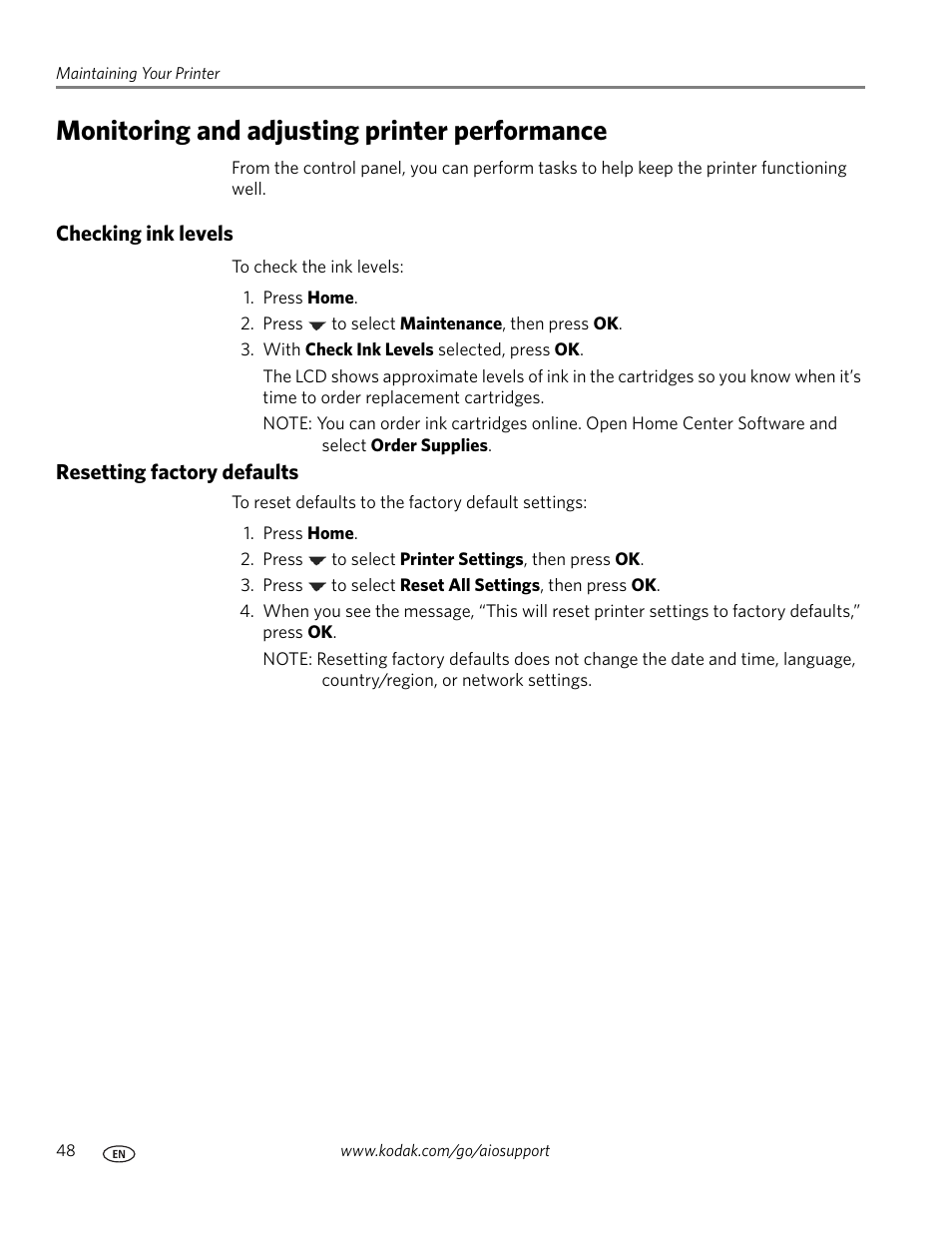 Monitoring and adjusting printer performance, Checking ink levels, Resetting factory defaults | Checking ink levels resetting factory defaults, Resetting factory | Kodak ESP C110 User Manual | Page 54 / 76